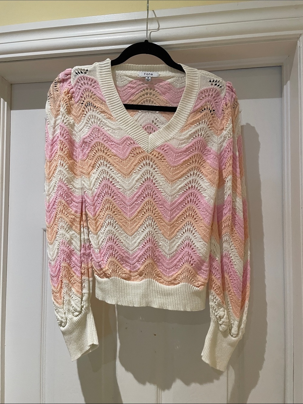 Fate Linen Cotton Openwork Chevron Sweater Romantic Coastal Sz S